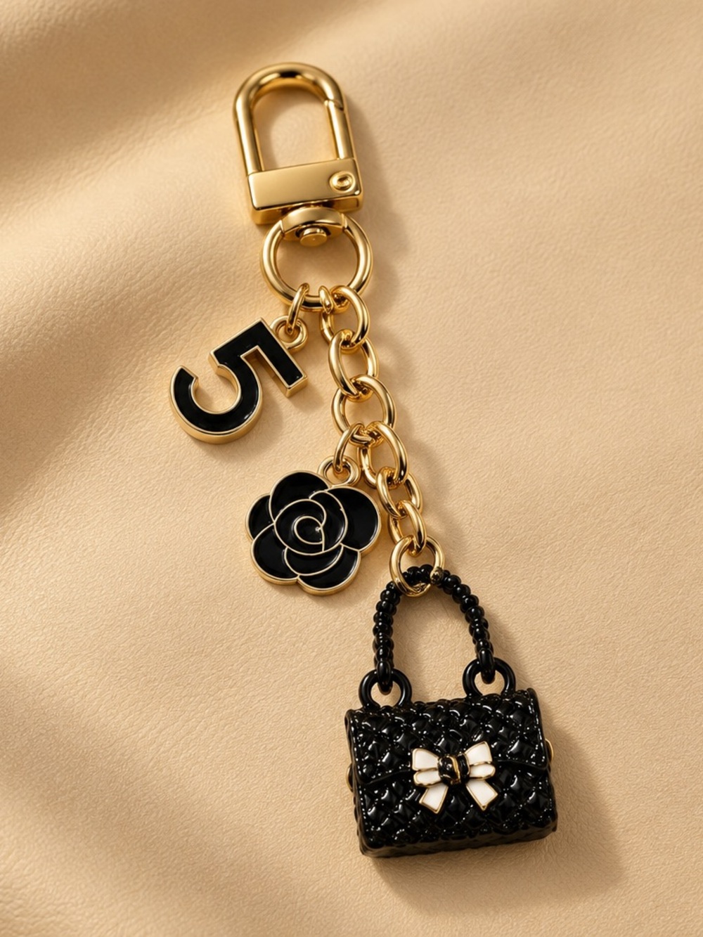 Mint Black & Gold Mini Purse Charm Keychain with Floral and '5' Charms